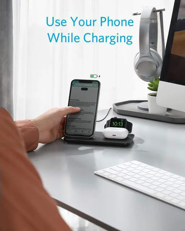 Alt view image 4 of 7 - Anker Wireless Charging Station With Power Adapter for Apple Products, PowerWave 3 in 1 Qi-Certified Stand for Apple iWatch, iPhone 12, 12 Mini, 12 Pro, AirPods Pro (Watch Charging Cable Not Included)
