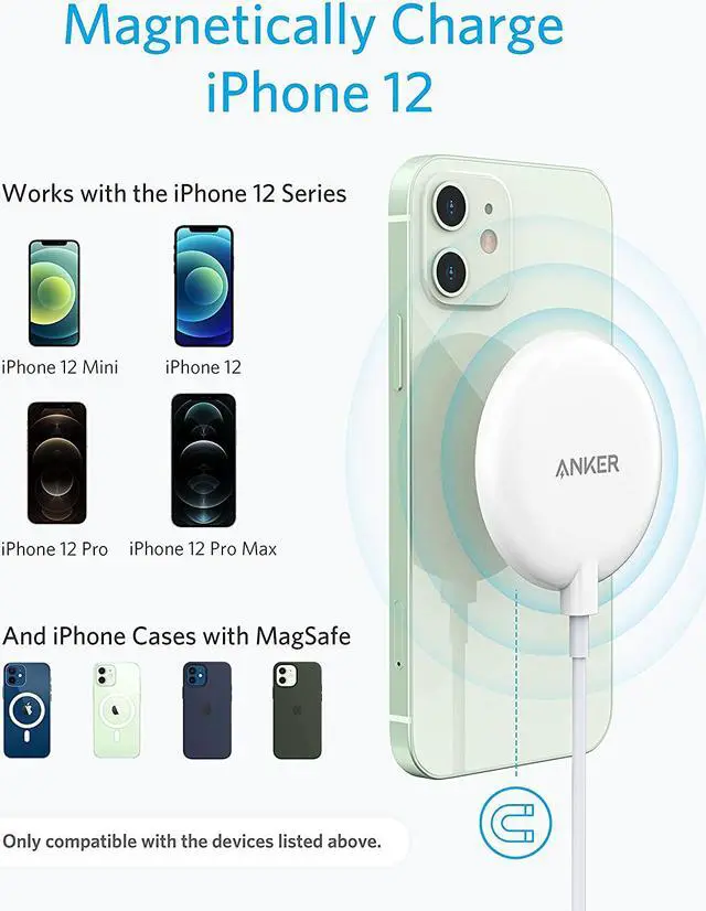 Alt view image 2 of 7 - Anker Magnetic Wireless Charger, with 5 ft Built-in USB-C Cable, PowerWave Magnetic Pad Lite Only for iPhone 12 /12 Pro / 12 Pro Max /12 Mini (No AC Adapter)