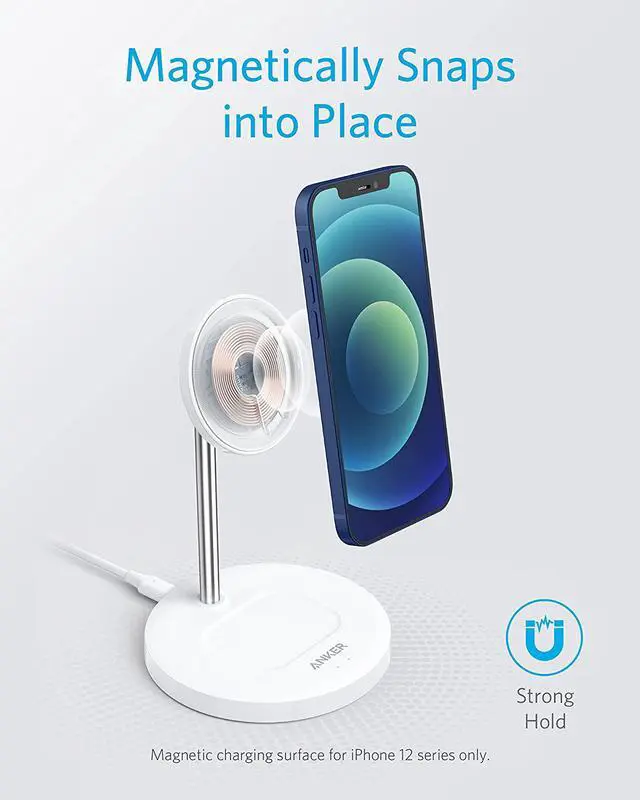 Alt view image 2 of 8 - Anker Wireless Charging Stand, PowerWave 2-in-1 Magnetic Stand Lite with 5 ft USB-C Cable, Charging Stand Only for iPhone 12/12 Pro / 12 Pro Max / 12 Mini and AirPods 2 / Pro (No AC Adapter)