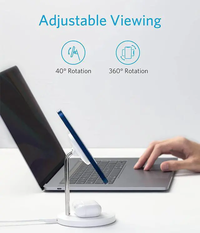 Alt view image 4 of 8 - Anker Wireless Charging Stand, PowerWave 2-in-1 Magnetic Stand Lite with 5 ft USB-C Cable, Charging Stand Only for iPhone 12/12 Pro / 12 Pro Max / 12 Mini and AirPods 2 / Pro (No AC Adapter)