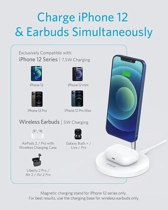 Alt view image 3 of 8 - Anker Wireless Charging Stand, PowerWave 2-in-1 Magnetic Stand Lite with 5 ft USB-C Cable, Charging Stand Only for iPhone 12/12 Pro / 12 Pro Max / 12 Mini and AirPods 2 / Pro (No AC Adapter)