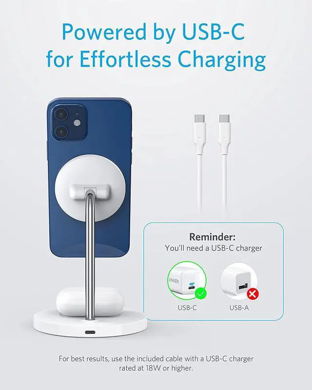 Alt view image 6 of 8 - Anker Wireless Charging Stand, PowerWave 2-in-1 Magnetic Stand Lite with 5 ft USB-C Cable, Charging Stand Only for iPhone 12/12 Pro / 12 Pro Max / 12 Mini and AirPods 2 / Pro (No AC Adapter)
