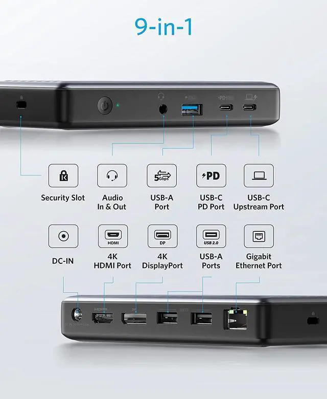 Alt view image 2 of 7 - Anker USB C Docking Station, PowerExpand 9-in-1 USB-C PD Dock, 60W Charging for Laptop, 20W Power Delivery Charging, 4K HDMI and DisplayPort, USB 3.0 and USB 2.0 Data, Gigabit Ethernet, 3.5 mm Audio