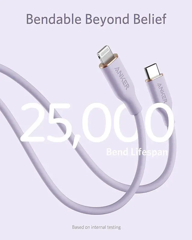 Alt view image 3 of 6 - Anker Powerline III Flow, USB C to Lightning Cable for iPhone 12 Pro Max / 12/11 Pro/XS/XR / 8 Plus, AirPods Pro, (6 ft) [MFi Certified] Supports Power Delivery, Silica Gel (Light Purple)