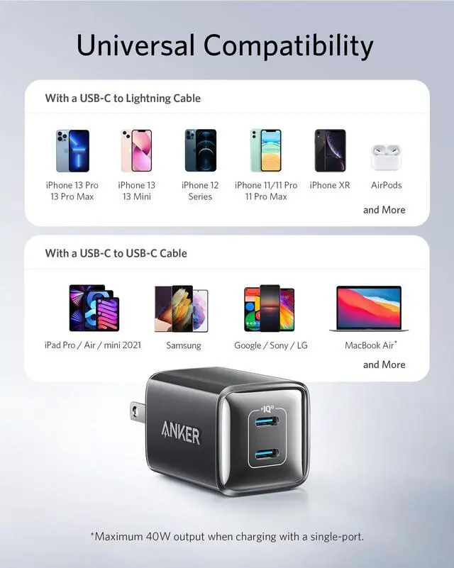 Alt view image 6 of 6 - Anker 521 Charger (Nano Pro), Anker Nano Pro, 40W PIQ 3.0 Dual Port Compact Fast Charger, USB C Charger for iPhone 13/13 Mini/13 Pro/13 Pro Max/12, iPad Mini, MacBook Air, and More, Glacier Blue