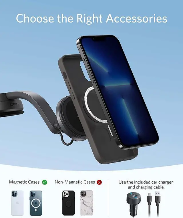 Alt view image 5 of 6 - Anker 613 Magnetic Wireless Charger (MagGo), Car Charging Mount with 2-Port USB Car Charger, 5 ft USB-C to USB-A Cable, Strong Magnetic Alignment only for iPhone 13, 12/12 Pro / 12 Pro Max / 12 Mini