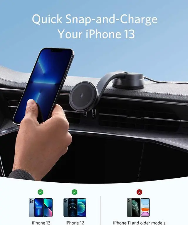 Alt view image 2 of 6 - Anker 613 Magnetic Wireless Charger (MagGo), Car Charging Mount with 2-Port USB Car Charger, 5 ft USB-C to USB-A Cable, Strong Magnetic Alignment only for iPhone 13, 12/12 Pro / 12 Pro Max / 12 Mini