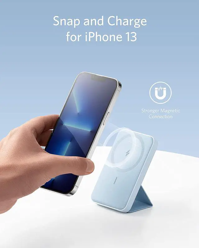 Alt view image 2 of 7 - Anker 622 Magnetic Battery (MagGo), 5000mAh Foldable Magnetic Wireless Portable Charger and USB-C for iPhone 14/13/12 Series (Misty Blue)