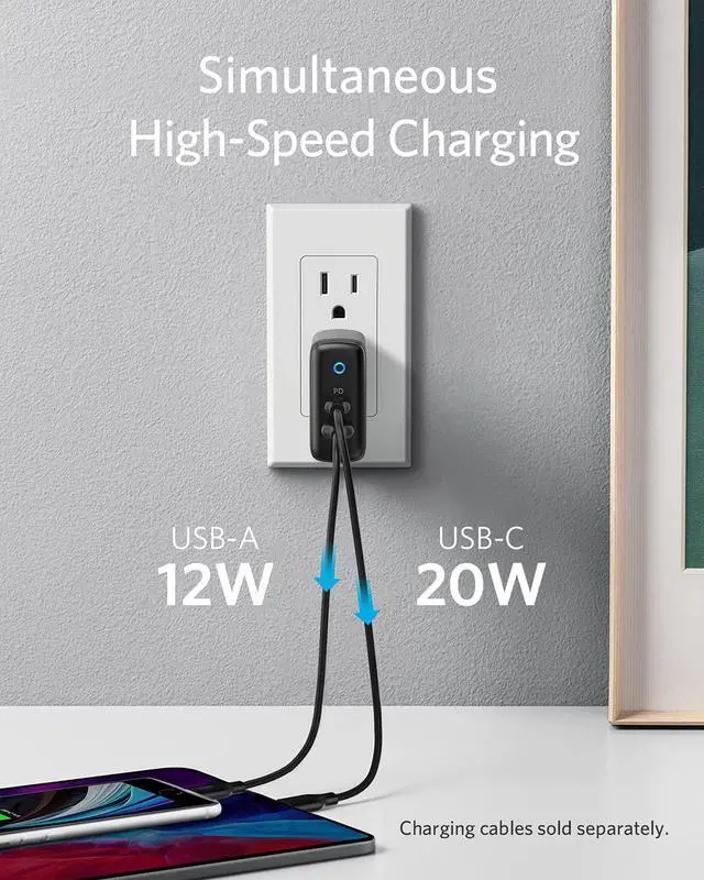 Alt view image 3 of 7 - USB C Charger, Anker 32W 2 Port Charger with 20W USB C Power Adapter, PowerPort PD 2 with Foldable Plug for iPad/iPad Mini, for iPhone 13/13 Mini/13 Pro/13 Pro Max/12/11, Pixel, Galaxy, and More