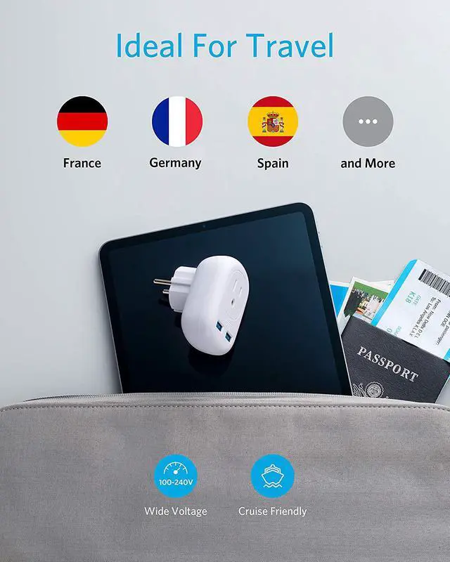 Alt view image 2 of 7 - Anker European Travel Adapter, PowerExtend USB Plug International Power Adapter with 2 USB and 1 Outlet, US to Most of Europe EU Spain Iceland Italy France Germany