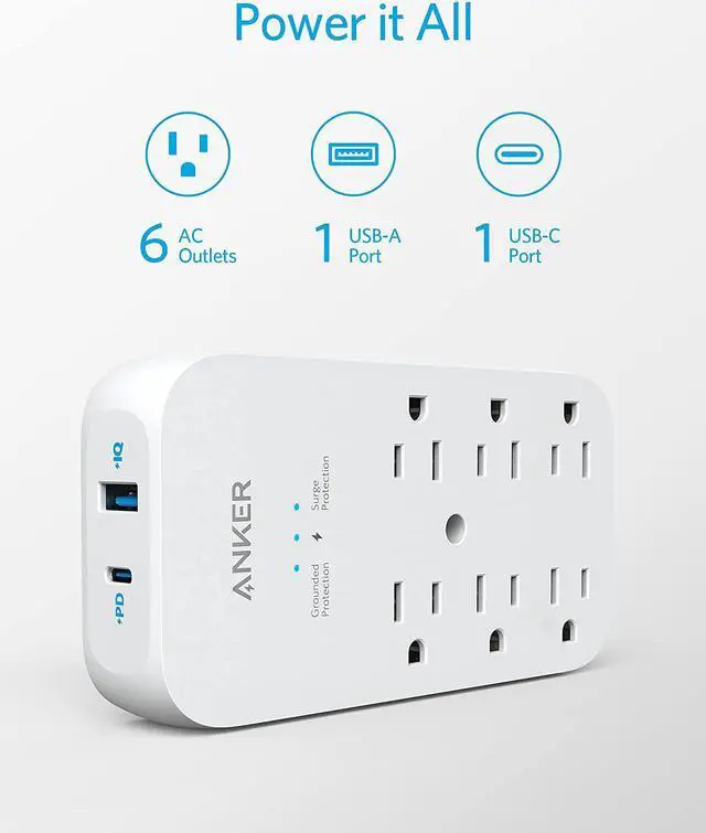 Alt view image 3 of 7 - Anker Outlet Extender and USB Wall Charger, 6 Outlets and 2 USB Ports, 20W USB C Power Delivery High-Speed Charging iPhone 12/ iPhone 12 Pro, Multi-Plug for College Dorm Rooms, Home, and Office