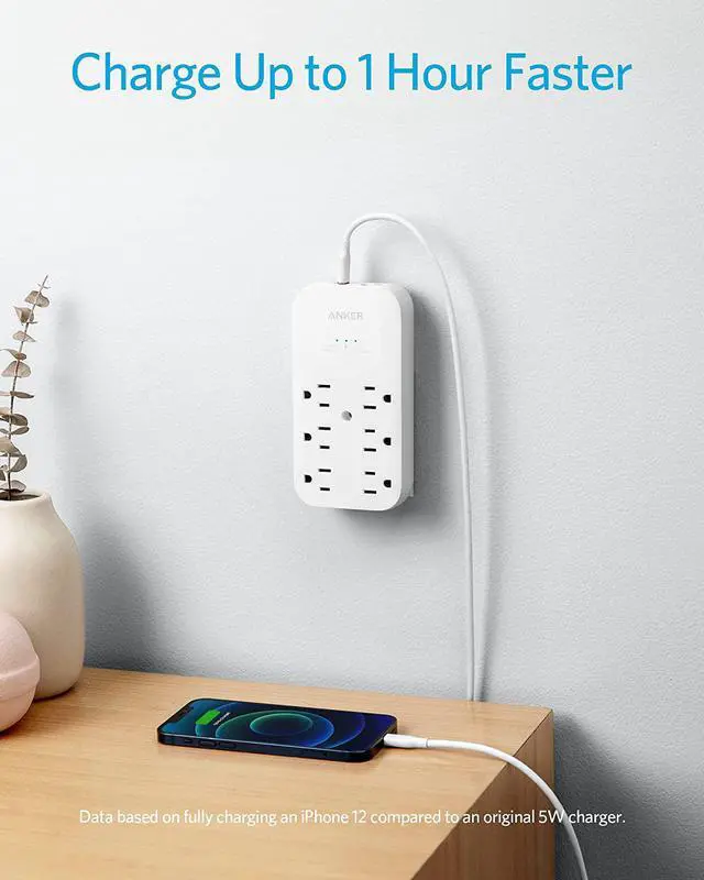 Alt view image 2 of 7 - Anker Outlet Extender and USB Wall Charger, 6 Outlets and 2 USB Ports, 20W USB C Power Delivery High-Speed Charging iPhone 12/ iPhone 12 Pro, Multi-Plug for College Dorm Rooms, Home, and Office