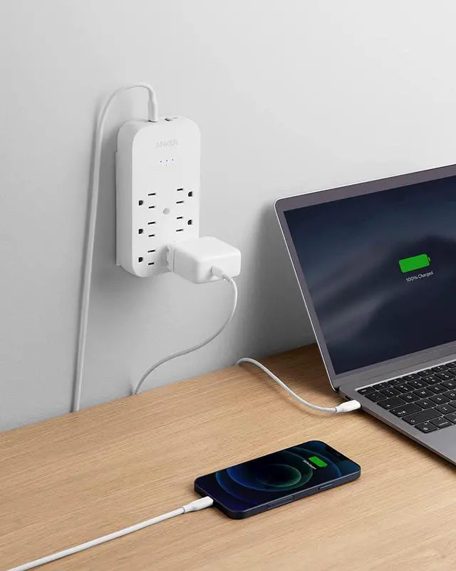 Alt view image 7 of 7 - Anker Outlet Extender and USB Wall Charger, 6 Outlets and 2 USB Ports, 20W USB C Power Delivery High-Speed Charging iPhone 12/ iPhone 12 Pro, Multi-Plug for College Dorm Rooms, Home, and Office
