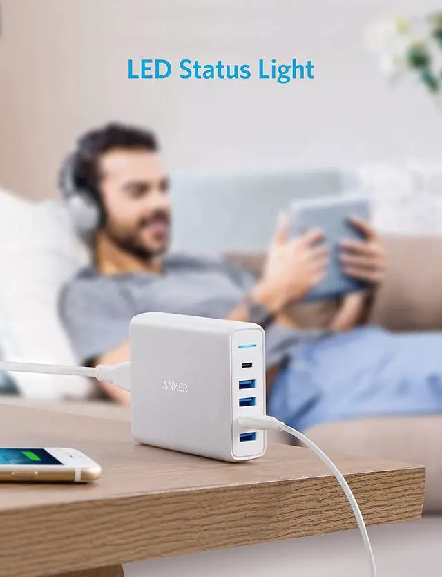 Alt view image 5 of 7 - USB C Wall Charger, Anker Premium 60W 5-Port Desktop Charger with One 30W Power Delivery Port for MacBook Air 2018, Ipad Pro 2018, S10, and 4 Poweriq Ports for iPhone Xs/Max/XR/X/8, S9/S8 and More