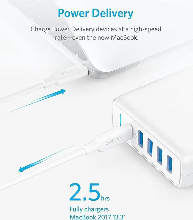 Alt view image 2 of 7 - USB C Wall Charger, Anker Premium 60W 5-Port Desktop Charger with One 30W Power Delivery Port for MacBook Air 2018, Ipad Pro 2018, S10, and 4 Poweriq Ports for iPhone Xs/Max/XR/X/8, S9/S8 and More