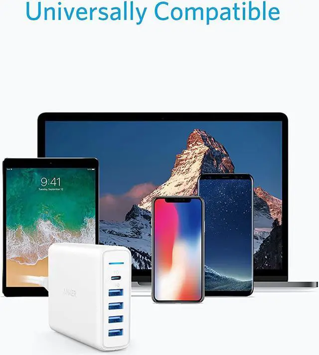 Alt view image 6 of 7 - USB C Wall Charger, Anker Premium 60W 5-Port Desktop Charger with One 30W Power Delivery Port for MacBook Air 2018, Ipad Pro 2018, S10, and 4 Poweriq Ports for iPhone Xs/Max/XR/X/8, S9/S8 and More
