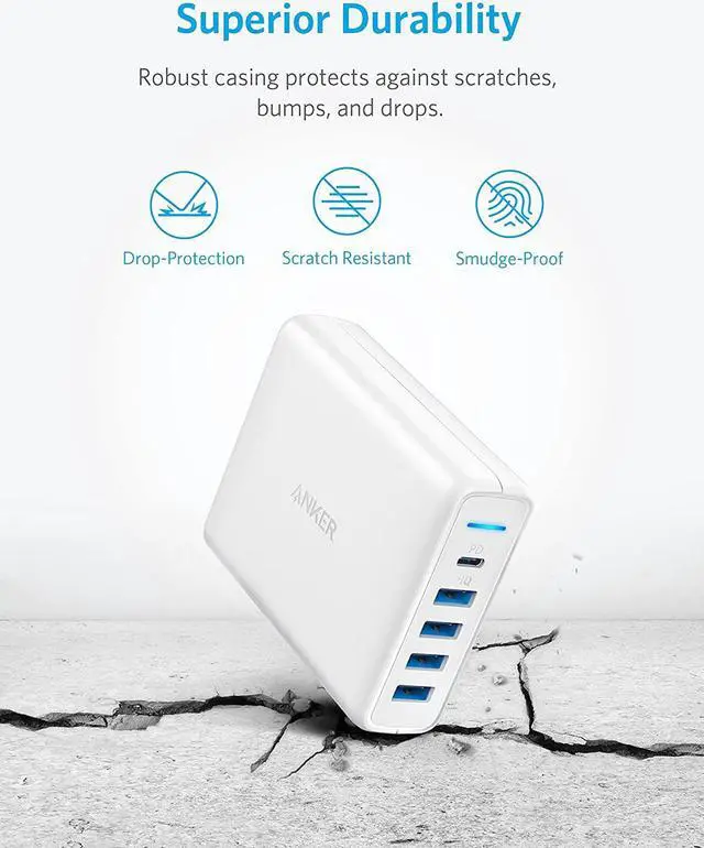 Alt view image 4 of 7 - USB C Wall Charger, Anker Premium 60W 5-Port Desktop Charger with One 30W Power Delivery Port for MacBook Air 2018, Ipad Pro 2018, S10, and 4 Poweriq Ports for iPhone Xs/Max/XR/X/8, S9/S8 and More