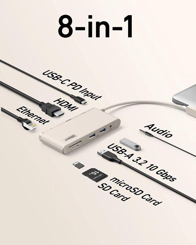 Spændende pilot græs Anker USB C Hub, 655 USB-C Hub (8-in-1), with 2 USB-A 10 Gbps Data Ports,  100W Power Delivery, 4K HDMI, 1 Gbps Ethernet, microSD and SD Card Slots,  3.5 mm AUX, for