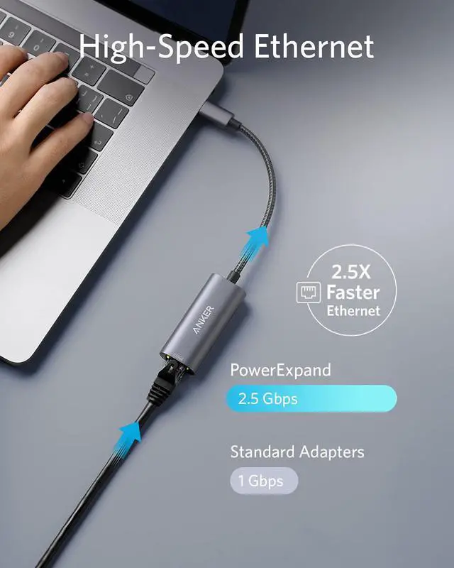 Alt view image 2 of 7 - Anker USB C to 2.5 Gbps Ethernet Adapter, PowerExpand USB C to Gigabit Ethernet Adapter, Aluminum Portable USB C Adapter, for MacBook Pro, MacBook Air 2018 and Later, iPad Pro 2018 and Later, XPS