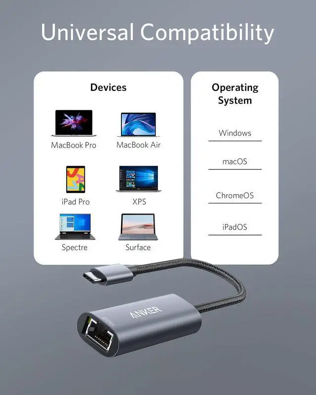 Alt view image 5 of 7 - Anker USB C to 2.5 Gbps Ethernet Adapter, PowerExpand USB C to Gigabit Ethernet Adapter, Aluminum Portable USB C Adapter, for MacBook Pro, MacBook Air 2018 and Later, iPad Pro 2018 and Later, XPS