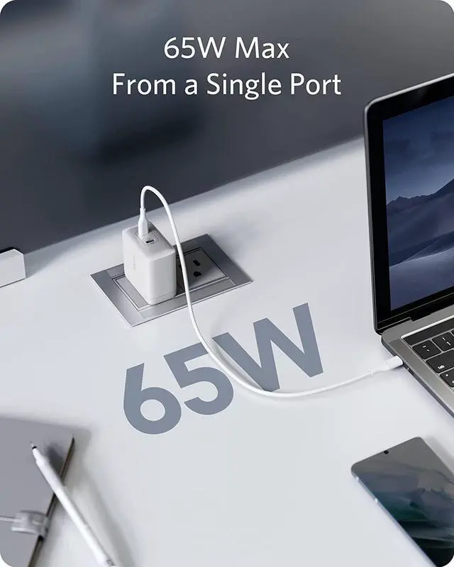 Alt view image 4 of 7 - Anker USB C Charger, PowerPort III 65W 2-Port PPS Fast Charger Adapter, Foldable Compact Charger for MacBook Pro/Air, iPad Pro, Galaxy S20/S10, Dell XPS 13, Note 20/10+, iPhone 12/Pro, Pixel (White)