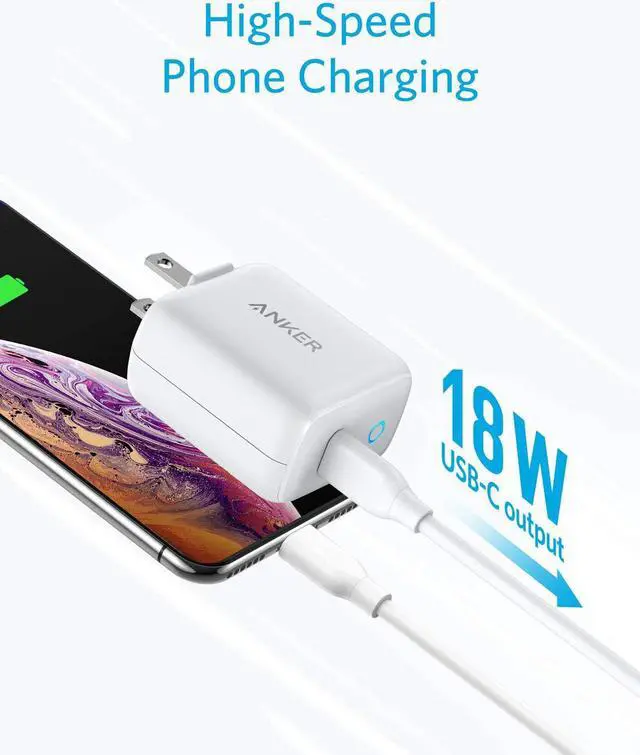 Alt view image 2 of 7 - USB C 18W Power Delivery Charger, Anker PowerPort PD 1 USB-C Wall Charger, Foldable Plug for iPhone Xs/Max/XR, iPad Pro, Pixel 3/2, Galaxy S9/S8/Plus, Nintendo and More White