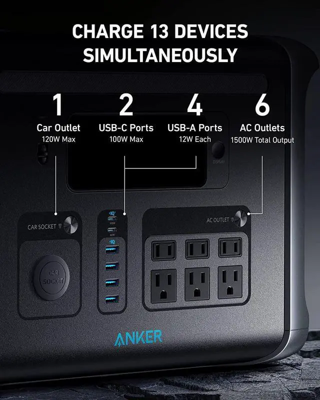 Alt view image 7 of 7 - Anker 757 Portable Power Station, Powerhouse 1229Wh LiFePO4 Battery, 1500W Solar Generator with 6 AC Outlets (Solar Panel Optional), 2 USB-C Ports 100W Max, LED Light for Camping, RV, Power Outage