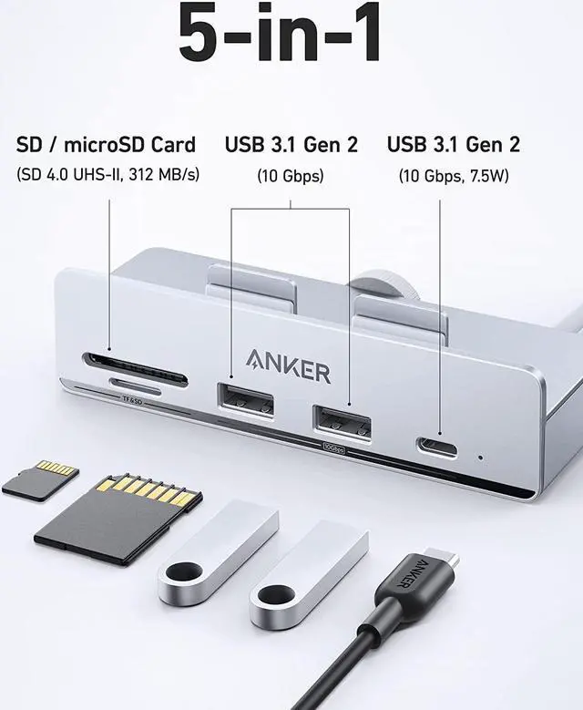 Alt view image 3 of 6 - Anker 535 USB C Hub (5-in-1, for iMac), with 2 USB-A 10 Gbps Data Ports, USB-C 10 Gbps Port, SD and microSD Card Reader