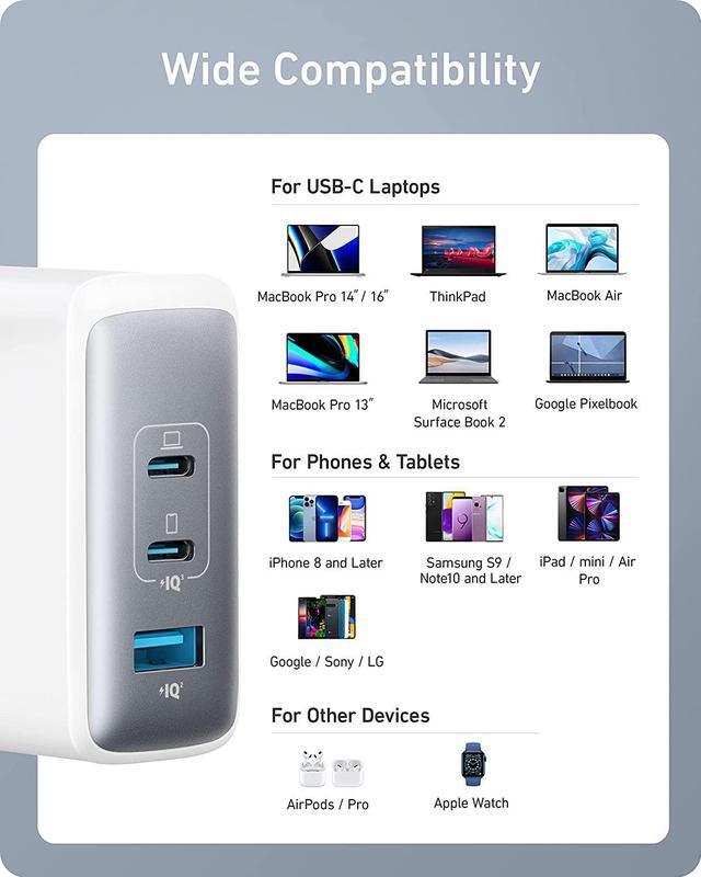 Alt view image 7 of 8 - Anker 100W USB C Charger, 736 Charger (Nano II 100W), 3-Port Fast Compact Wall Charger for MacBook Pro/Air, Google Pixelbook, ThinkPad, Dell XPS, iPad Pro, Galaxy S22/S20, iPhone 13/Pro (White)