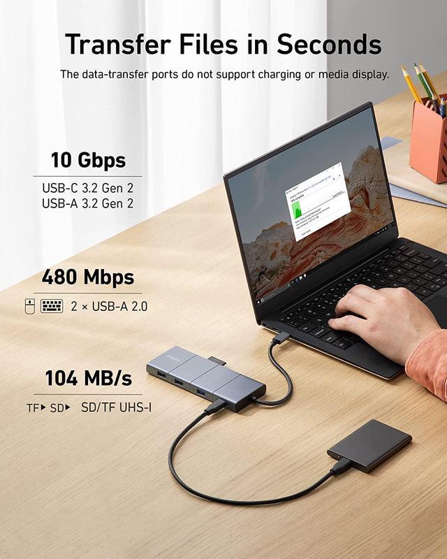Alt view image 6 of 12 - Anker 565 11-in-1 USB C Hub, 10 Gbps USB-C and USB-A Data Ports, 4K HDMI and DisplayPort, 100W Power Delivery, 2 USB 2.0 Data Ports, Ethernet, AUX, microSD and SD Card Slots, for XPS and More