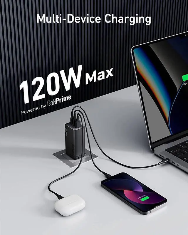 Alt view image 2 of 6 - Anker USB C Charger, Anker 737 Charger GaNPrime 120W, PPS 3-Port Fast Compact Foldable Wall Charger for MacBook Pro/Air, iPad Pro, Galaxy S22/S21, Dell XPS 13, Note 20/10+, iPhone 13/Pro, and More
