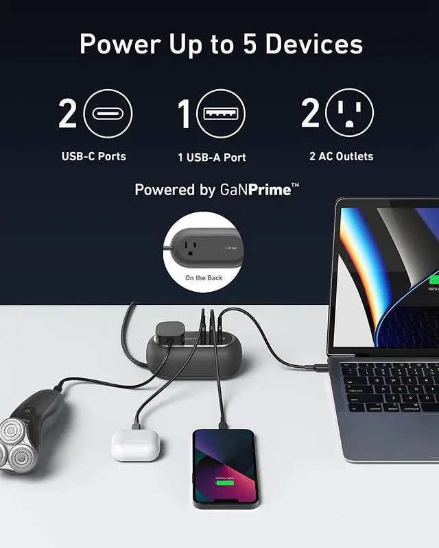 Alt view image 2 of 6 - Anker GanPrime 65W Charging Station, 615 USB C Power Strip for Travel and Work, 5-in-1 Power Strip with 2AC,2 USB C and 1 USB A, Power Delivery for iPhone, Samsung, iPad, MacBook, and More.(Black)