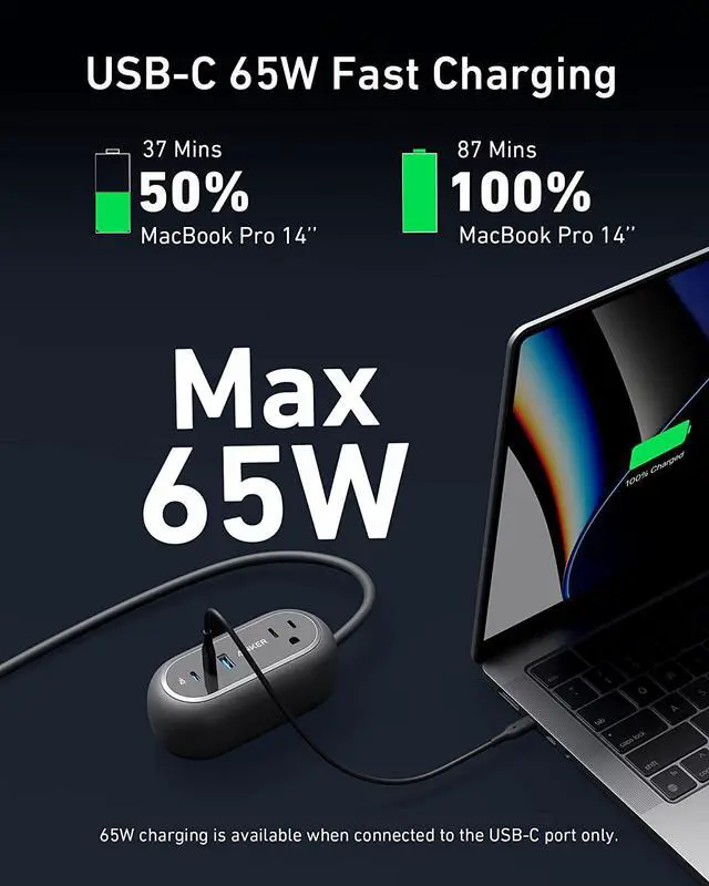 Alt view image 3 of 6 - Anker GanPrime 65W Charging Station, 615 USB C Power Strip for Travel and Work, 5-in-1 Power Strip with 2AC,2 USB C and 1 USB A, Power Delivery for iPhone, Samsung, iPad, MacBook, and More.(Black)