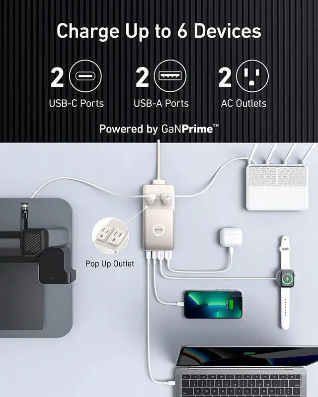 Alt view image 2 of 6 - Anker 727 Charging Station ( GaNPrime 100W ), Compact Power Strip for Travel and Work, 5ft Detachable Extension Cord with 2 Outlets and 4 USB Ports, for iPhone 13, Samsung, iPad, MacBook, and More