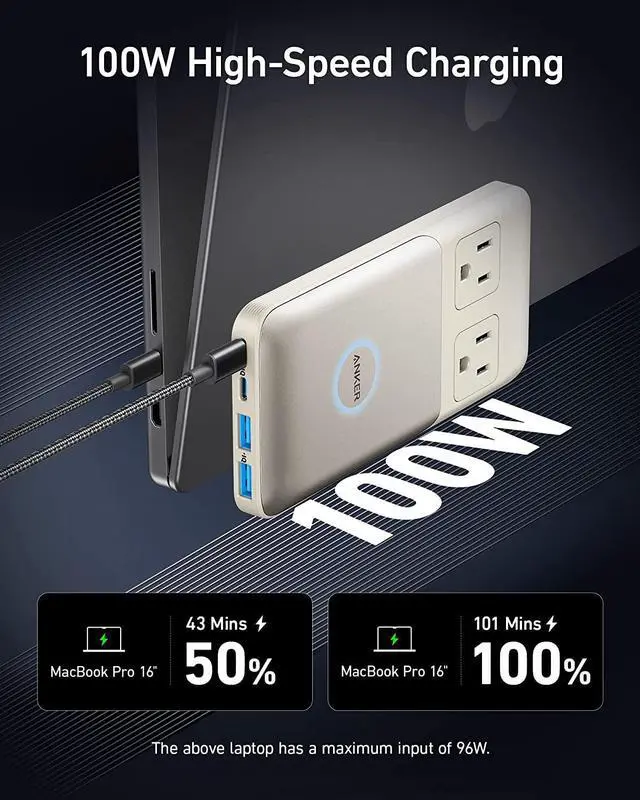 Alt view image 3 of 6 - Anker 727 Charging Station ( GaNPrime 100W ), Compact Power Strip for Travel and Work, 5ft Detachable Extension Cord with 2 Outlets and 4 USB Ports, for iPhone 13, Samsung, iPad, MacBook, and More