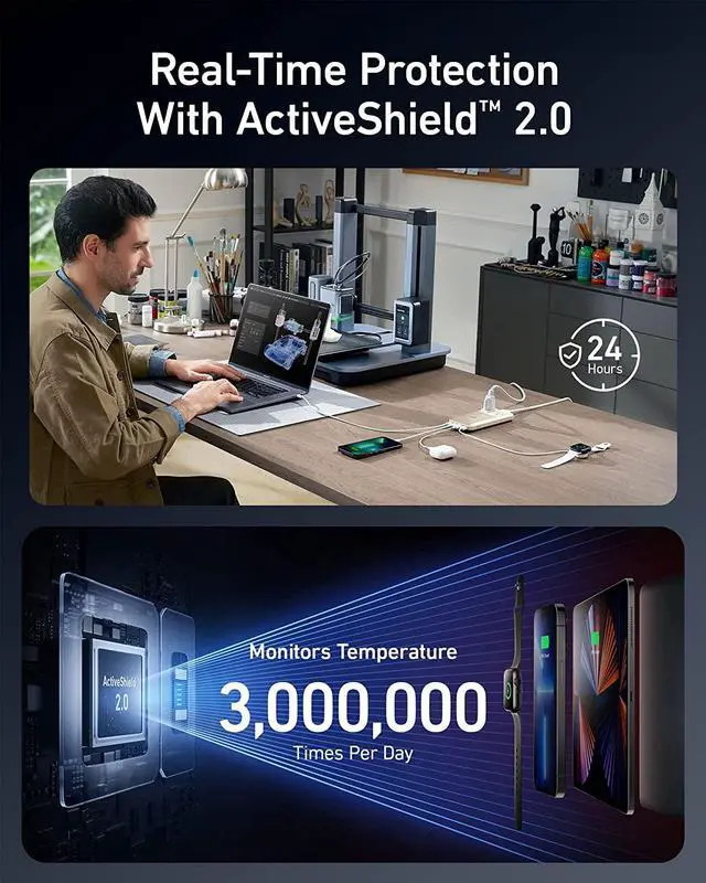 Alt view image 4 of 6 - Anker 727 Charging Station ( GaNPrime 100W ), Compact Power Strip for Travel and Work, 5ft Detachable Extension Cord with 2 Outlets and 4 USB Ports, for iPhone 13, Samsung, iPad, MacBook, and More