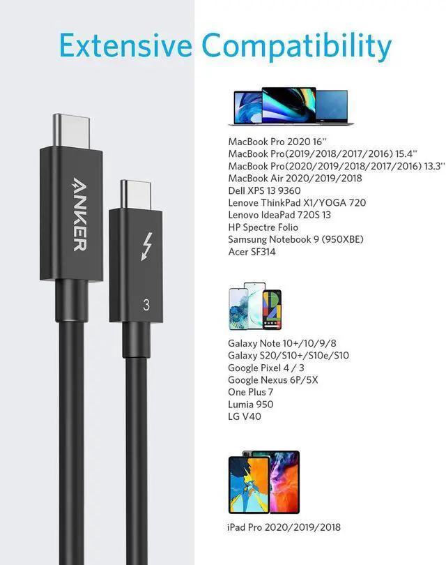 Alt view image 5 of 7 - Anker Thunderbolt 3.0 Cable 2.3 ft, Supports 100W Charging / 40Gbps Data Transfer USB C to USB C Cable, Ideal for Type-C MacBooks, Dell, iPad Air 4, iPad Pro 2020, Pixel, Hub, Docking, and More