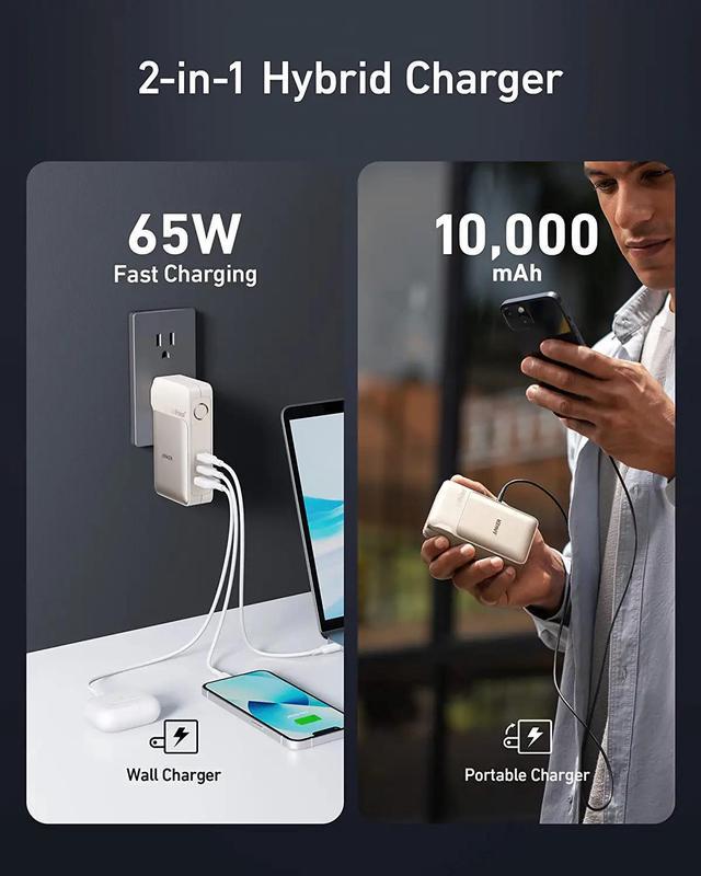 Anker 733 Power Bank (GaNPrime PowerCore 65W), 2-in-1 Hybrid Charger,  10,000mAh USB-C Portable Charger with 65W Wall Charger, Works for iPhone  13, Samsung, Pixel, MacBook, Dell, and More 