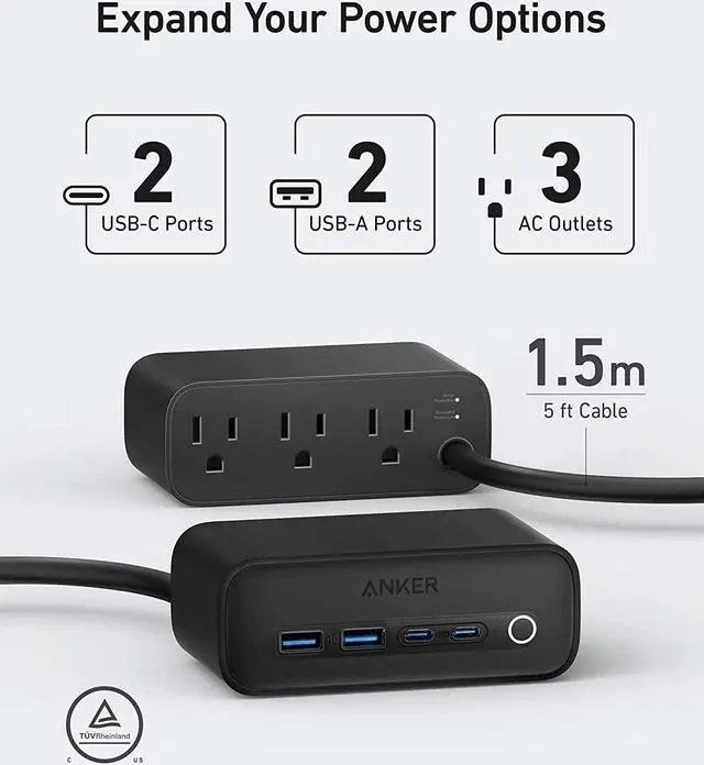 Alt view image 3 of 6 - Anker 525 Charging Station, 7-in-1 USB C Power Strip for iphone12/13, 5ft Extension Cord with 3AC,2USB A,2USB C,Max 65W Power Delivery Desktop Accessory for MacBook Pro, Home, Office (Phantom Black)