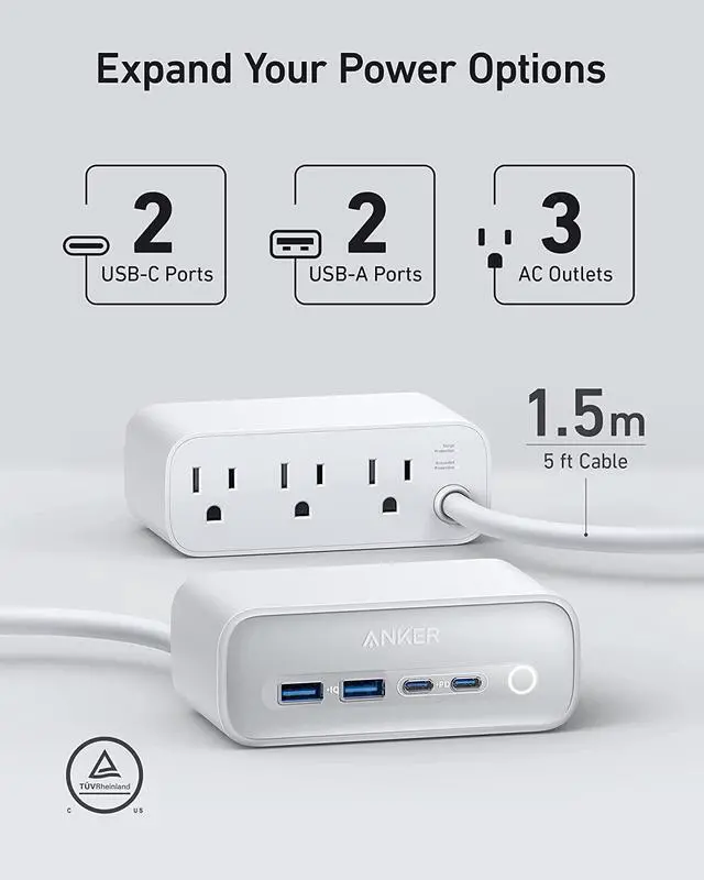 Alt view image 3 of 6 - Anker 525 Charging Station, 7-in-1 USB C Power Strip for iphone12/13, 5ft Extension Cord with 3AC,2USB A,2USB C,Max 65W Power Delivery Desktop Accessory for MacBook Pro, Home, Office (White)