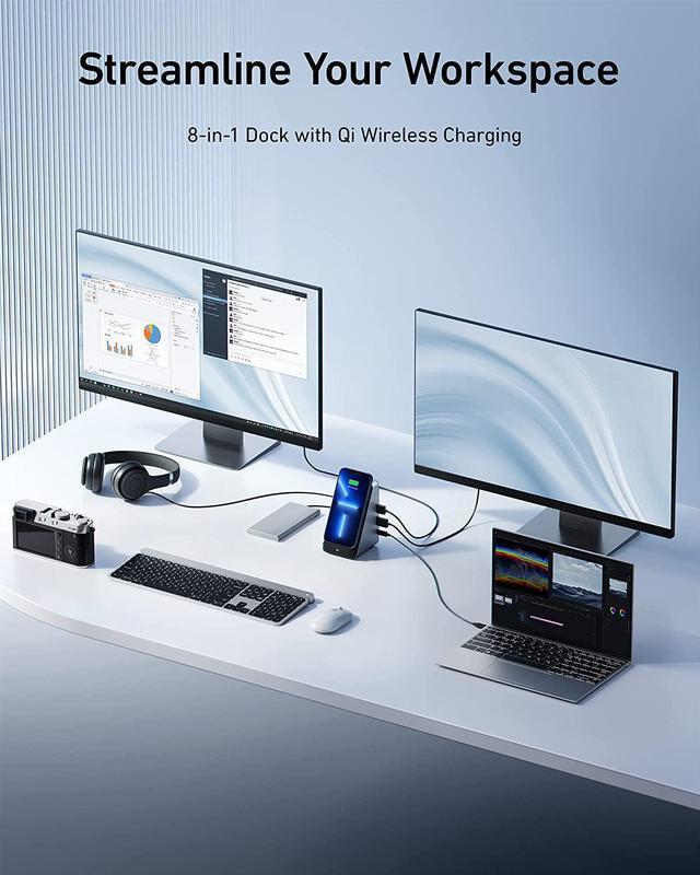 Anker 651 USB-C Dock, 8-in-1 Docking Station, Qi-Certified 10W Max