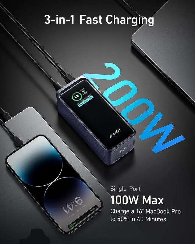 Alt view image 2 of 8 - Anker Prime Power Bank, 20,000mAh Portable Charger with 200W Output, Smart Digital Display, 2 USB-C and 1 USB-A Port Compatible with iPhone 14/13 Series, Samsung, MacBook, Dell, and More