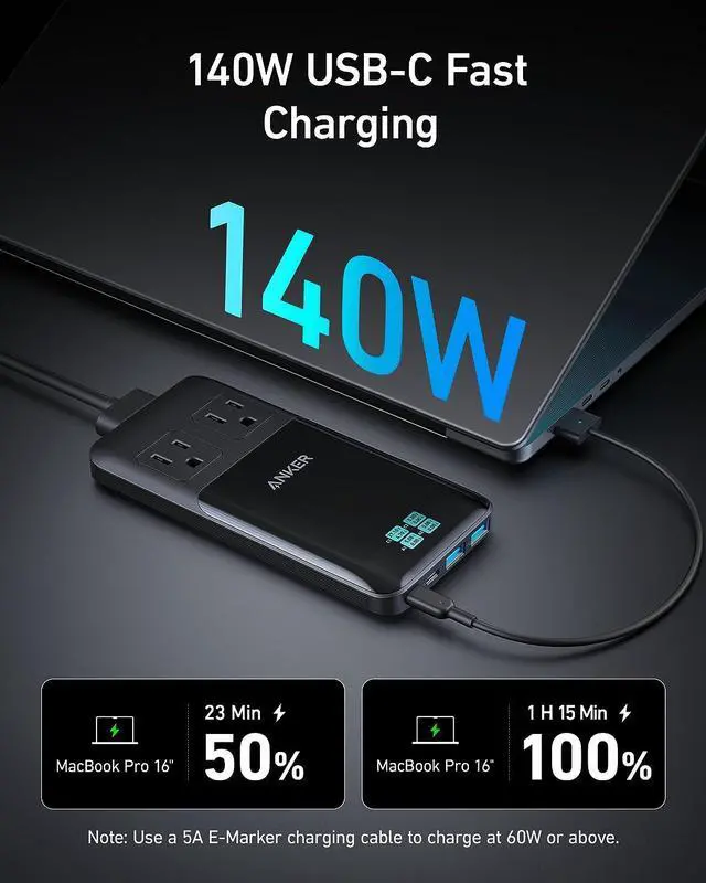 Alt view image 3 of 6 - Anker Prime 6-in-1 USB C Charging Station, 140W Compact Power Strip for Work and Travel, 5 ft Detachable Extension Cord with 6 Ports, for iPhone 14, Galaxy, MacBook, and More (Non-Battery/Wireless)
