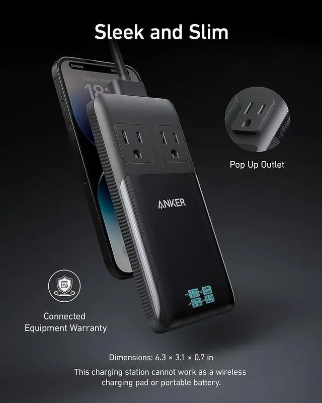 Alt view image 4 of 6 - Anker Prime 6-in-1 USB C Charging Station, 140W Compact Power Strip for Work and Travel, 5 ft Detachable Extension Cord with 6 Ports, for iPhone 14, Galaxy, MacBook, and More (Non-Battery/Wireless)