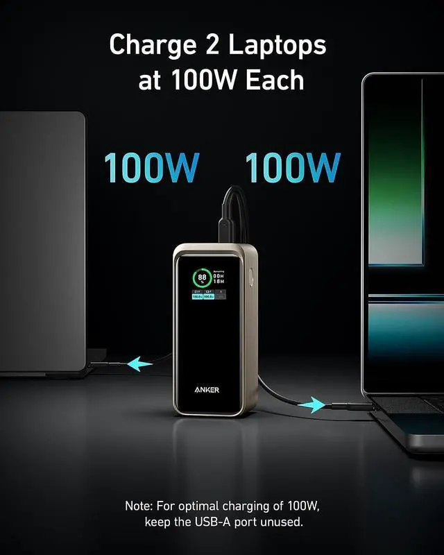 Alt view image 5 of 6 - Anker Prime Power Bank, 20,000mAh Portable Charger with 200W Output, Smart Digital Display, 2 USB-C and 1 USB-A Port Compatible with iPhone 14/13 Series, Samsung, MacBook, Dell, and More Golden