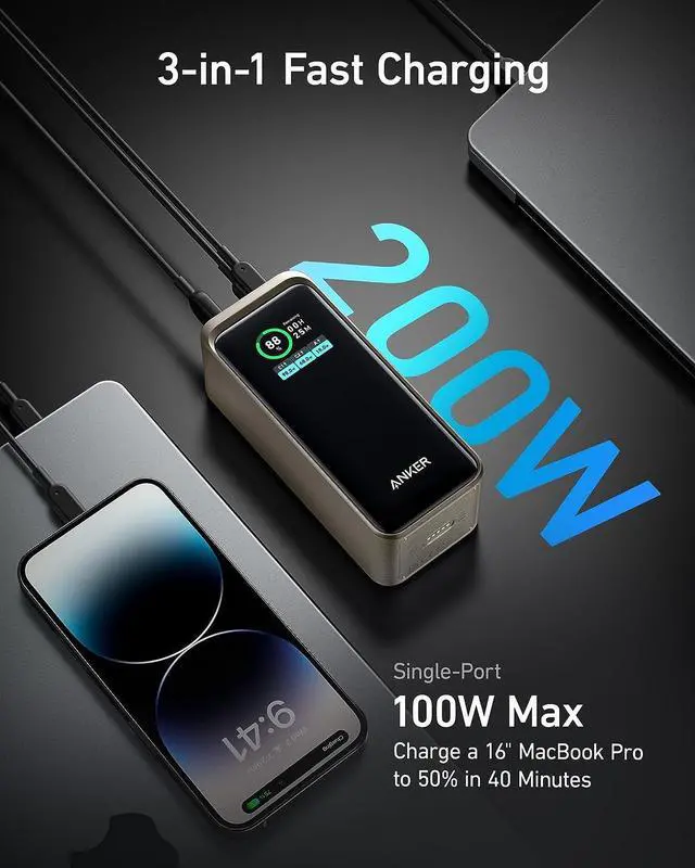 Alt view image 2 of 6 - Anker Prime Power Bank, 20,000mAh Portable Charger with 200W Output, Smart Digital Display, 2 USB-C and 1 USB-A Port Compatible with iPhone 14/13 Series, Samsung, MacBook, Dell, and More Golden