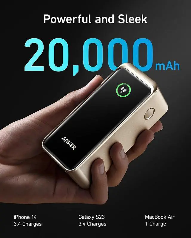 Alt view image 4 of 6 - Anker Prime Power Bank, 20,000mAh Portable Charger with 200W Output, Smart Digital Display, 2 USB-C and 1 USB-A Port Compatible with iPhone 14/13 Series, Samsung, MacBook, Dell, and More Golden