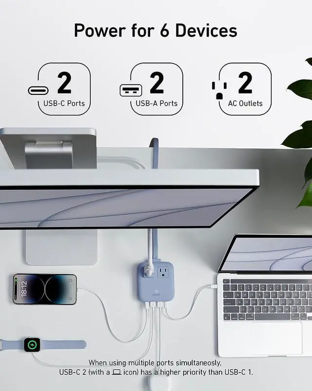 Alt view image 4 of 6 - Anker Nano Charging Station, 6-in-1 USB C Power Strip 67W Max with Flat Plug and 5ft Thin Extension Cord, 2 AC, 2 USB A, 2 USB C, Works with iPhone 15/14/13/12, MacBook, for Home & Office White