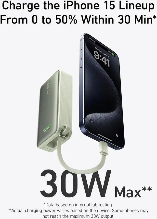 Alt view image 2 of 6 - Anker Nano Power Bank, 10,000mAh Portable Charger with Built-in USB-C Cable, PD 30W Max Output with 1 USB-C, 1 USB-A, Compatible for iPhone 15/15 Plus/15 Pro/15 Pro Max, MacBook, Galaxy, iPad Green