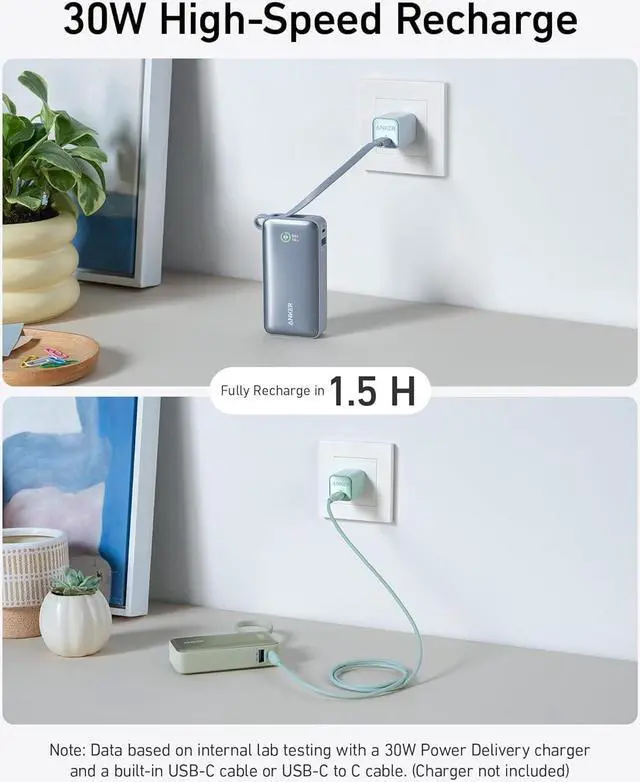 Alt view image 5 of 6 - Anker Nano Power Bank, 10,000mAh Portable Charger with Built-in USB-C Cable, PD 30W Max Output with 1 USB-C, 1 USB-A, Compatible for iPhone 15/15 Plus/15 Pro/15 Pro Max, MacBook, Galaxy, iPad Green